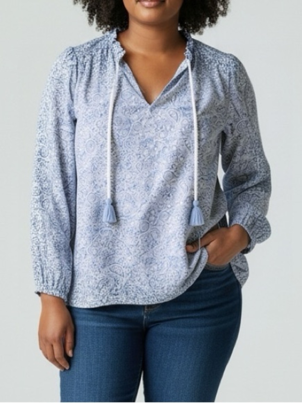 Frye Light Blue Paisley Tassel Tie Tunic